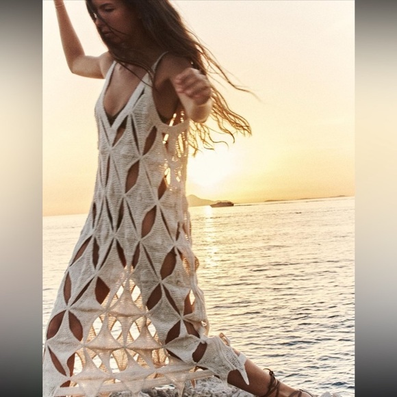 NWT Zara Crochet Cover Up Dress Geometric Cut-Out Straw Color Size Medium - Picture 3 of 15